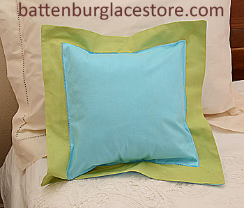 Pillow Sham.12"x12" Square. AQUA Blue with MACAW Green border